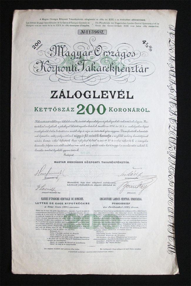 Magyar Országos Központi Takarékpénztár záloglevél 200 kor 1922